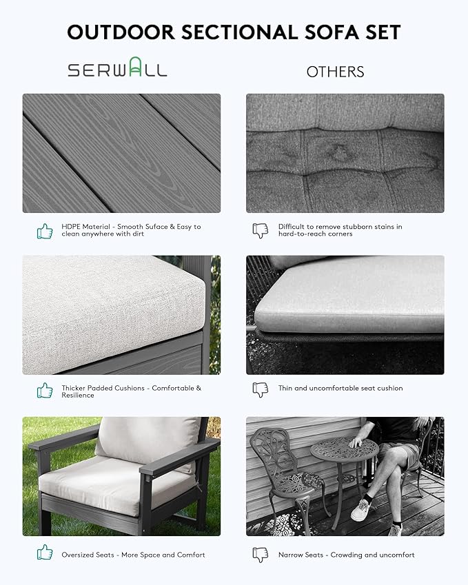 SERWALL HDPE Patio Conversation Set, 6-Piece Sectional Outdoor Furniture Set, All Weather Outdoor Couch Set Patio Furniture Set for Deck, Lawn, Grey Frame with Khaki Cushion