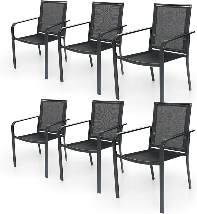 Patio Dining Chairs Set of 6, Outdoor Stackable Dining Furniture Set, All Weather Dining Set for Lawn, Garden, Backyard, Poolside Black