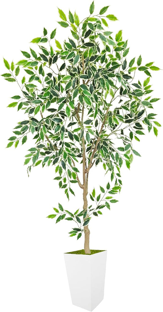 Artificial Ficus Tree 6ft, Fake Plant with White Tall Planter, Faux Ficus Leaves Trees in Pot, Artificial Floor Plants for Home Living Room Office Bedroom Garden Balcony Decor Indoor