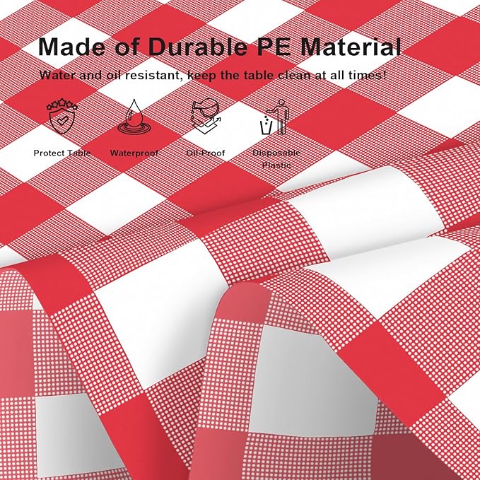 12 Pack Red and White Checkered Tablecloth, Red Plastic Table Cloths for Parties Disposable, 54 x 108 inch Waterproof Red Gingham Tablecloth for Birthday, Party, Christmas, Outdoor Picnic