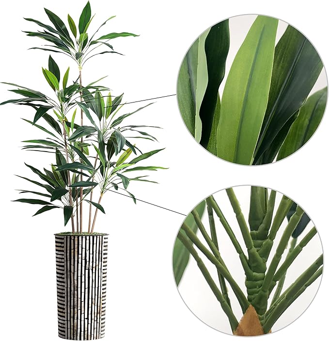 Artificial Tree in Black and Brown Striped Planter, Fake Dracaena Tree Silk Tree for Indoor and Outdoor Home Decoration - 66" Overall Tall (Plant Pot Plus Tree)