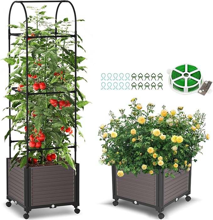 Raised Garden Bed Planter Box with Trellis, 61'' Tomato Planters for Climbing Plants Vegetable Vine Flowers Outdoor Patio Tomato Cage, Self Watering Planter with Wheels