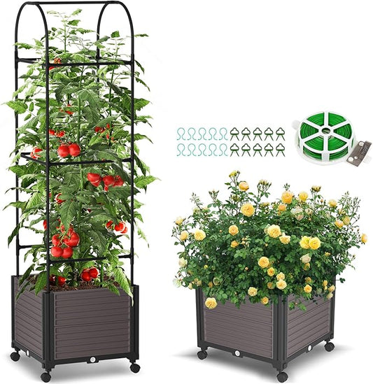 Raised Garden Bed Planter Box with Trellis, 61'' Tomato Planters for Climbing Plants Vegetable Vine Flowers Outdoor Patio Tomato Cage, Self Watering Planter with Wheels