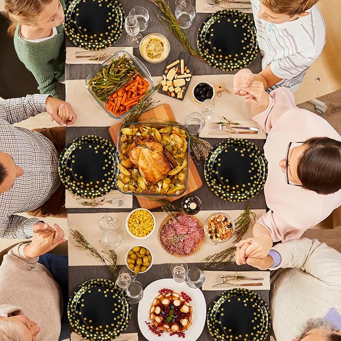 75PCS Paper Plates and Napkins Set - Black and Gold Dot Disposable Party Dinnerware Includes Paper Plates, Napkins, Forks Decorations for 2025 Graduations, Birthdays and Weddings, Serves 25