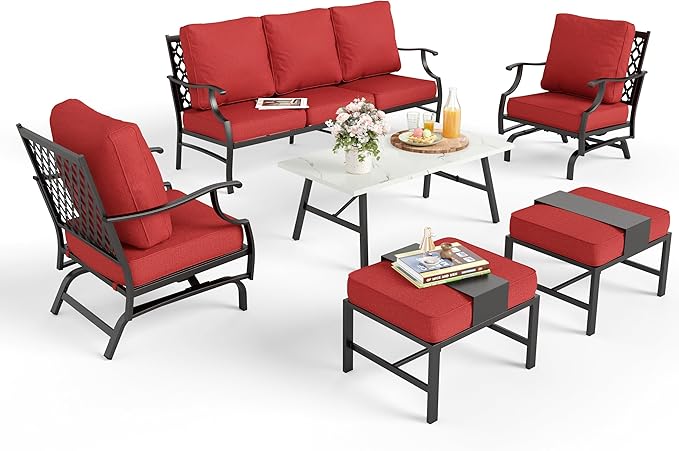 Patio Furniture Set 6 pcs, Outdoor Patio Furniture, 3-Seat Sofa, 2 Rocking Chairs, 2 Ottomans, Coffee Table and 5.75" Extra Thick Cushion, Conversation Set for Backyard Deck, Red