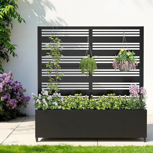 Metal Raised Garden Bed with Trellis & Wheels,47" x 47"x 15.7" Planter Box with Trellis,Privacy Planters for Patio,Garden Bed for Climbing Plants,Suitable for Climbing Plants and Vegetables,Black