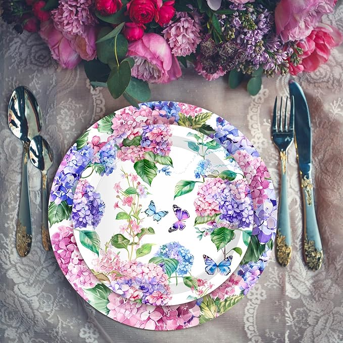 CC HOME Hydrangea Birthday Paper Plates Napkins Pink Purple Flowers Disposable Tableware Set Party Supplies Spring Floral Theme Dinnerware Serves 24 Guests for Audlts Kids Baby Shower Birthday 88PCS