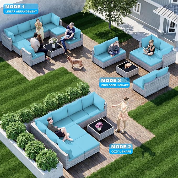 9-Piece Patio Furniture Set, Outdoor with Ottomans, Modular Patio Sofa, Dual-Strand Wicker Rattan, Rust-Resistant Frame, Backyard Furniture for Garden, Deck, Lake Blue