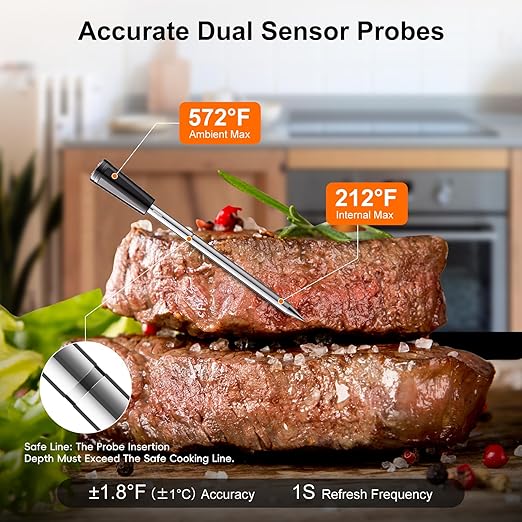 4 Probes Wireless Meat Thermometer, Bluetooth Digital Food Thermometer for BBQ, Grill, Oven, Smoker, Long Range and Rechargeable Base with Real-time Alerts, Cooking Gifts for Men