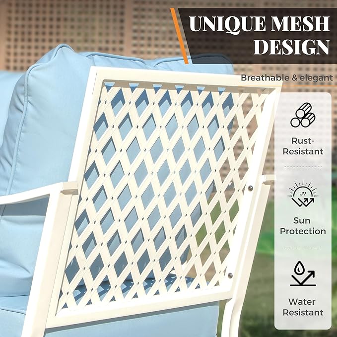 5 Piece Patio Furniture Set, 2 x Rocking Chair, 1 x 2-Seat Sofa, 1 x 3-Seat Sofa with Marbling Coffee Table, All Cushioned 7 Seats Outdoor Conversation Set for Lawn Garden Backyard, Blue