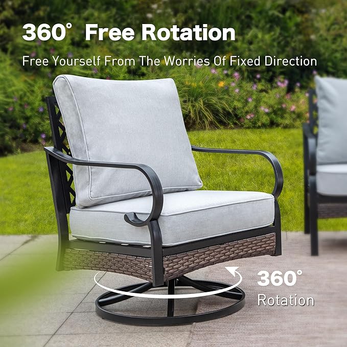 4 PCS Metal Outdoor Patio Furniture Set, Patio Conversation Sets 1 3-Seater Sofa, 2 Swivel Chairs with 5.75" Extra Thick Cushion & Coffee Table, Black Backyard Furniture, Light Gray