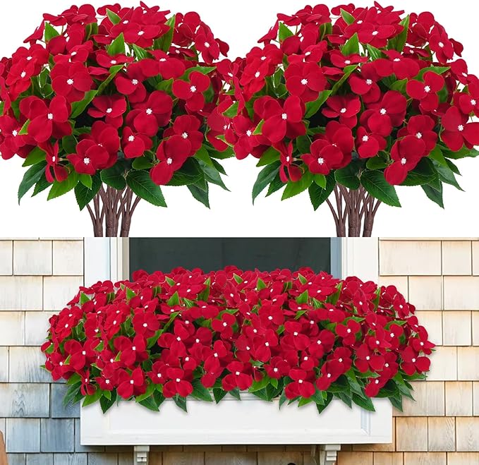 8 Pcs Artificial Impatiens Flowers for Outdoors Faux Impatiens Bouquet Faux Silk Flowers for Outdoor Faux Plants Outside Indoor Pot Patio Garden Hanging Basket Porch Decor (Red)