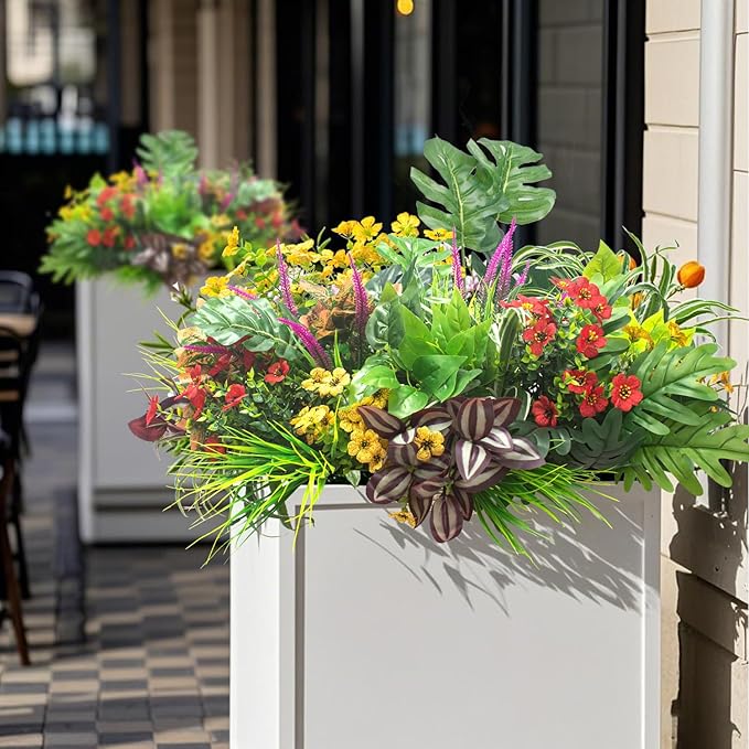 20PCS Fake Flowers UV Resistant Artificial Plants & Faux Shrubs - Outdoor Plastic Greenery Stems for Garden Porch, Window Box Planter, Home Decor(Pot Not Included)