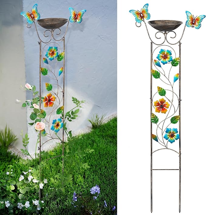 SUNNYPARK Bird Bath with Trellis Outdoor, Antique Garden Iron Plant Trellis with Decorative Floral-Butterflies Detachable Bird Bath Bowl Metal Potted Plants Support for Climbing Flowers