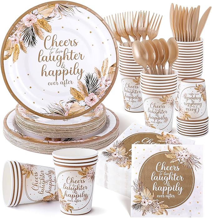 350 Pcs Boho Bridal Shower Paper Plates Napkins Cups Disposable Tableware Sets With Knives Forks Spoons Cheers to Love Bridal Shower Party Favors for 50 Guests Wedding Engagement Decorations (boho)