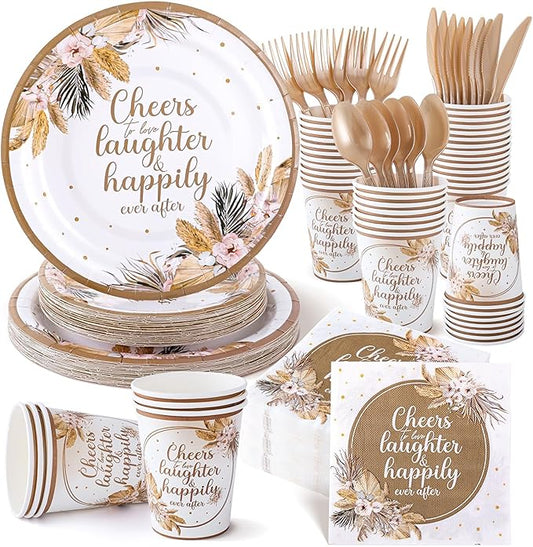 350 Pcs Boho Bridal Shower Paper Plates Napkins Cups Disposable Tableware Sets With Knives Forks Spoons Cheers to Love Bridal Shower Party Favors for 50 Guests Wedding Engagement Decorations (boho)