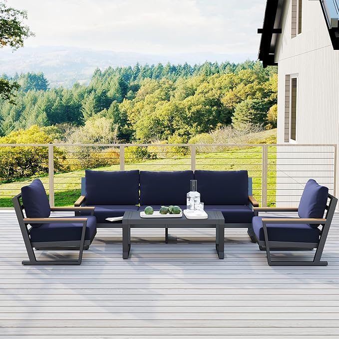 Aluminum Outdoor Sofa,4 Seats Modern Patio Furniture Set,Sectional Sofa Conversation Set with Coffee Table, Upgraded Washable Cushions for Garden Backyard,Blue