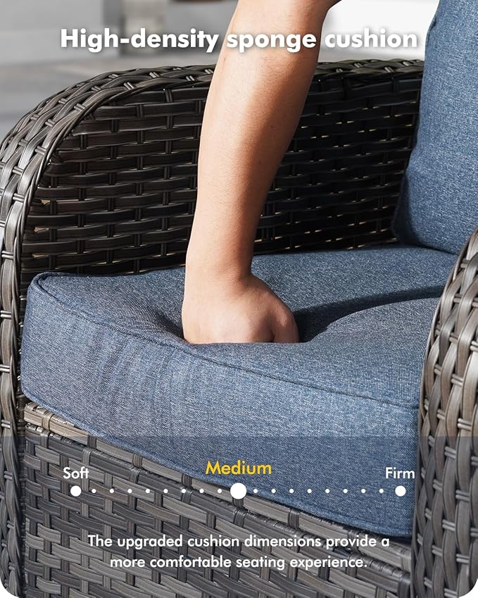 7-Piece Wicker Patio Furniture Set, All-Weather Rattan Conversation Bistro Loveseat Chair and Patio Rockers Set for Backyard, Balcony and Deck with Soft Cushions and Metal Table(Blue)