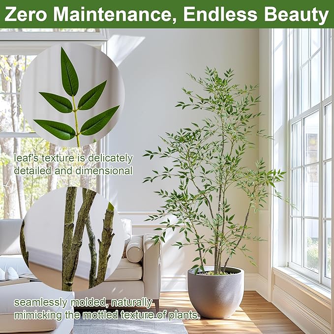 6ft Faux Bamboo Tree Artificial Nandina Tree Artificial Indoor Plants Realistic Fake Potted Tree with 800+ Leaves, Cement Planter - Home Office Decor Perfect for Housewarming Gift Non-Toxic