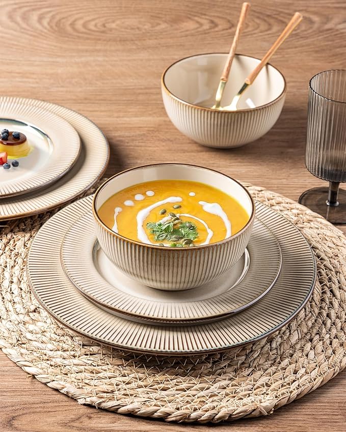GBHOME Ceramic Dinnerware Sets,12 pcs Embossed Elegant Stoneware Plates and Bowls Sets, Housewarming Wedding Gift | Dishwasher & Microwave Safe | Dishes Set Service for 4