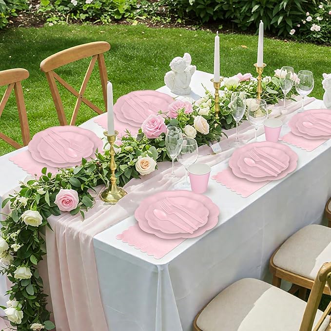 175 Pcs Light Pink Plates and Napkins Set, 25 Guest Pink Party Supplies Include Scalloped Plate Napkin Cup Forks Knives Disposable Plastic Cutlery for Wedding Baby Shower Birthday Party