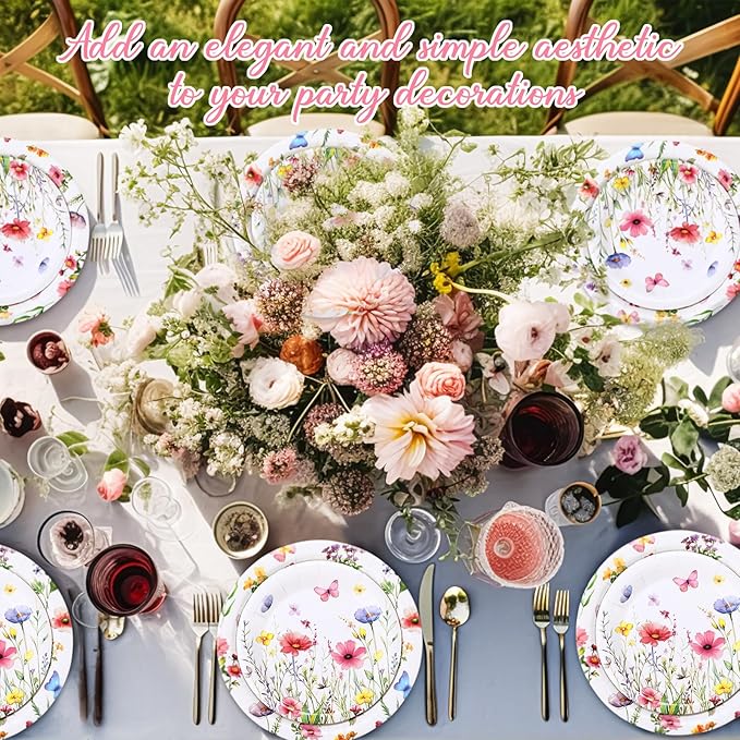 Mumufy 100 Pack Wild Floral Paper Plates Flower Dinner Decoration 9" & 7" Disposable Watercolor Dessert Plates for Wedding Birthday Baby Shower Bridal Tea Party Supplies(Colorful Flowers)