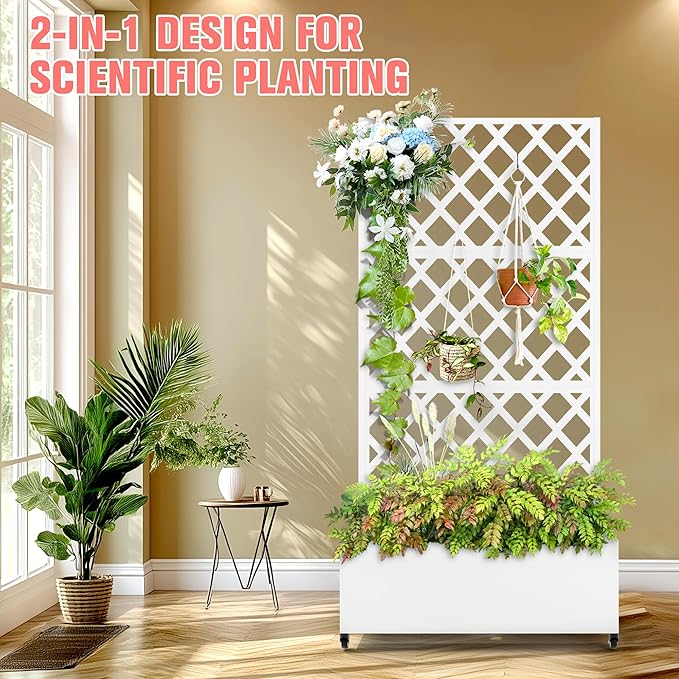 Metal Planter Box with Trellis, Raised Garder Bed with Drainage Hole, Privacy Screen & Trellis for Climbing Plants, Outdoor Plant Stands, 35''L×17''W×73''H, White