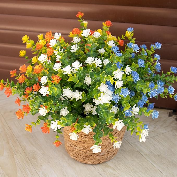 Artificial Flowers Outdoors, 12 Bundles Fake Flowers UV-Anti for Decoration Faux Plastic Plants Garden Porch Window Box Décor,YellowBlueWhiteOrange