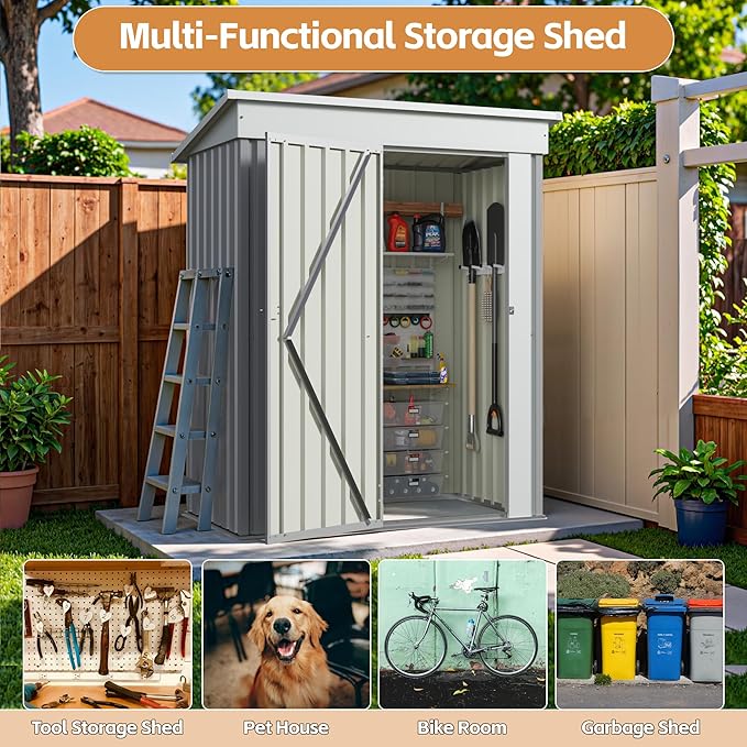 Greesum 5×3 FT Outdoor Storage Shed, Metal Storaged Sheds Without Floor, Tool Sheds with Lockable Doors and Slooping Roof for Garden, Patio, Backyard, Gray