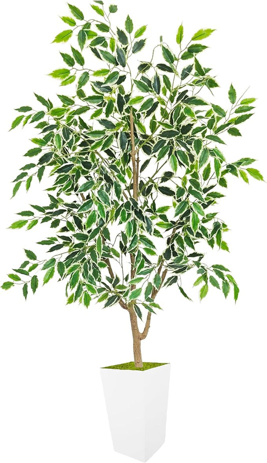 Artificial Ficus Tree 5ft, Faux Plant with White Tall Planter, Fake Ficus Leaves Plants in Pot, Artificial Floor Trees for Home Living Room Office Bedroom Foyer Porch Decor Indoor