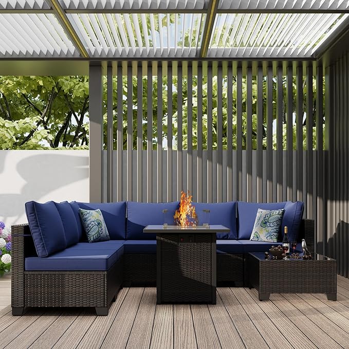 Patio Furniture Set with Fire Pit Table 28", 8-Piece Outdoor Furniture Conversation Set with Cushions, Wicker Sectional Sofa for Porch Garden Backyard, Brown/Blue