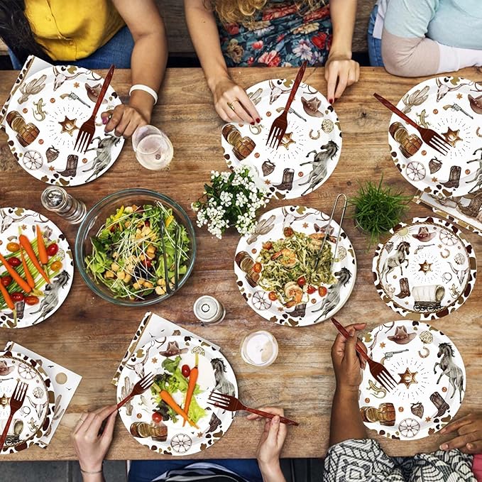 96Pcs Western Cowboy Party Supplies 350 GSM Wild West Cowboy Plates and Napkins Tableware Sets Western Cowboy Party Decorations for Western Rodeo Cowboy Birthday Baby Shower Party Favors, Serves 24 ﻿