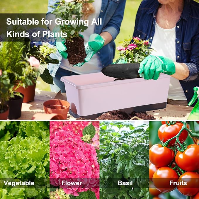 Window Box Planter 8 Pcs, 17 Inches Rectangle Flower Pots with Drainage Holes and Trays, Vegetable Planters for Windowsill Patio Garden Balcony Home Porch Yard Indoor Outdoor (Pink)