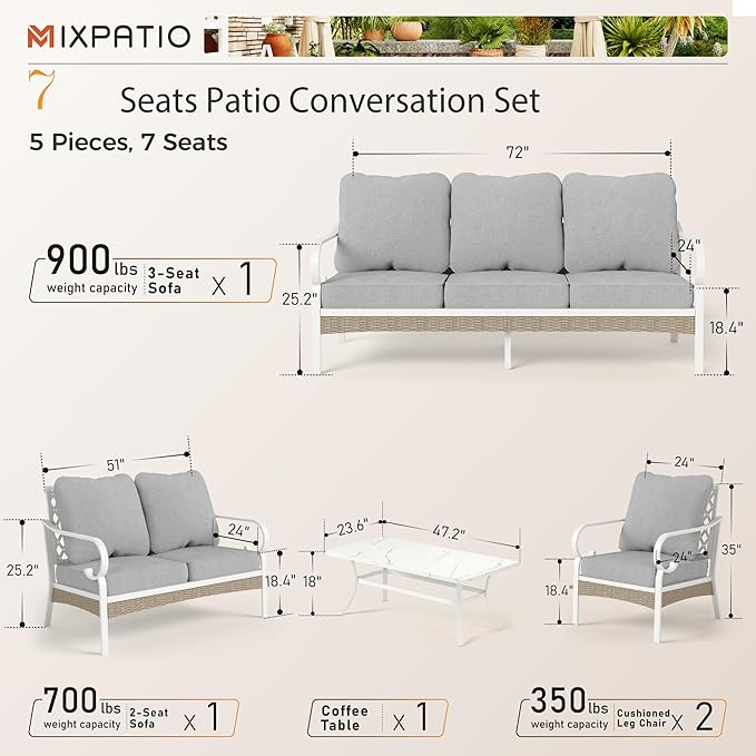 5 Piece Patio Furniture Set, 2 x Fixed Chair, 1 x 2-Seat Sofa, 1 x 3-Seat Sofa with Marbling Coffee Table, 7 Seats Outdoor Conversation Set for Lawn Garden Backyard, Light Gray