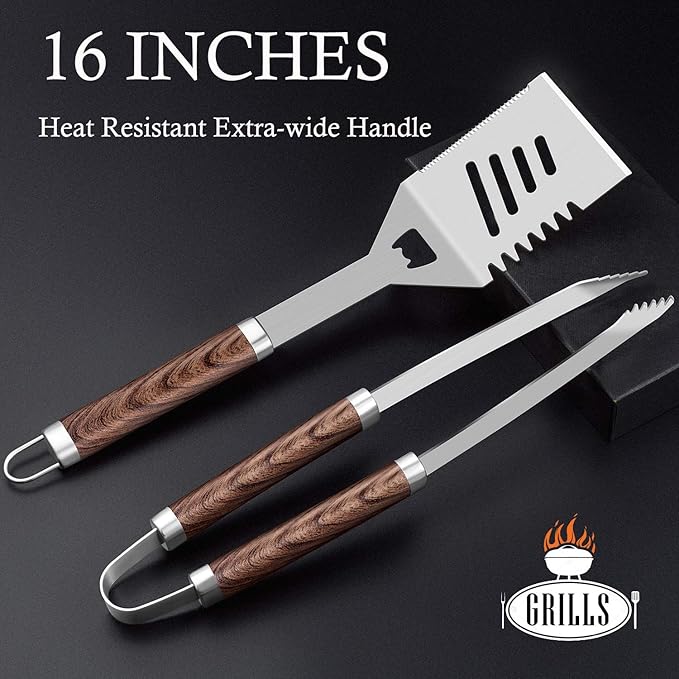 ROMANTICIST 30pcs BBQ Grill Tool Set for Men Dad, Heavy Duty Stainless Steel Grill Utensils Set, Non-Slip Grilling Accessories Kit with Thermometer, Mats in Aluminum Case for Fathers Day Brown