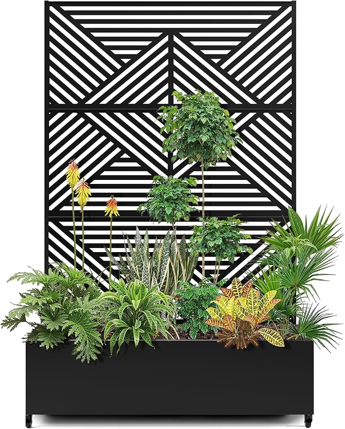15.7"×70.9"×47.2" Metal Raised Garden Bed with Trellis and Wheels - Tall Trellis Planter Box for Climbing Plants, Vegetables & Vines - Outdoor Privacy Planters for Patio (Black-Zodiac)