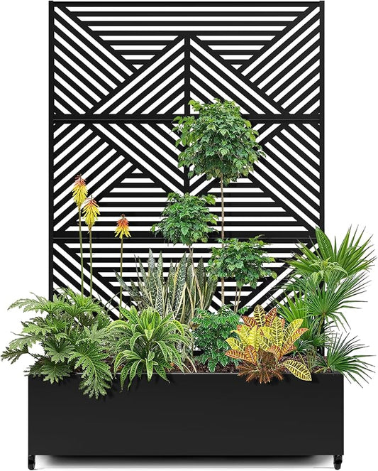 15.7"×70.9"×47.2" Metal Raised Garden Bed with Trellis and Wheels - Tall Trellis Planter Box for Climbing Plants, Vegetables & Vines - Outdoor Privacy Planters for Patio (Black-Zodiac)