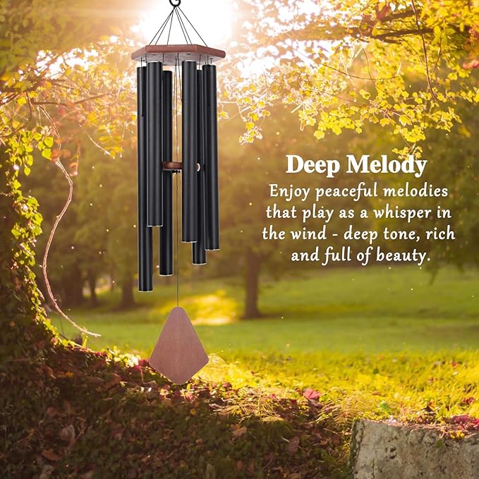 Wind Chimes Outdoor Large Deep Tone, 44 Inches Sympathy Wind Chimes Tuned Soothing Melody, Memorial Wind-Chime with 6 Heavy Tubes for Outside Decoration, Garden/Yard. Black Wind Chime