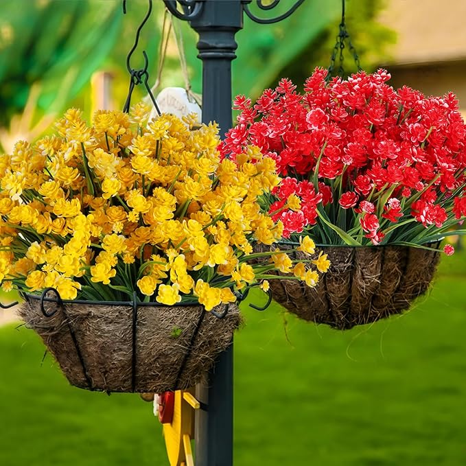 Artificial Fake Flowers, 16 Bundles Outdoor UV Resistant Greenery Shrubs Plants Indoor Outside Hanging Planter Home Garden Decorating (Yellow-Daffodil)