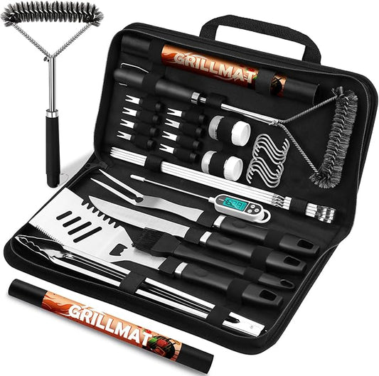 31pcs BBQ Grill Accessories Set for Men Dad, Heavy Duty Grilling Tools Gifts for Fathers Day, Stainless Steel BBQ Utensils Kit with Mats, Grill Brush in Carrying Bag Black