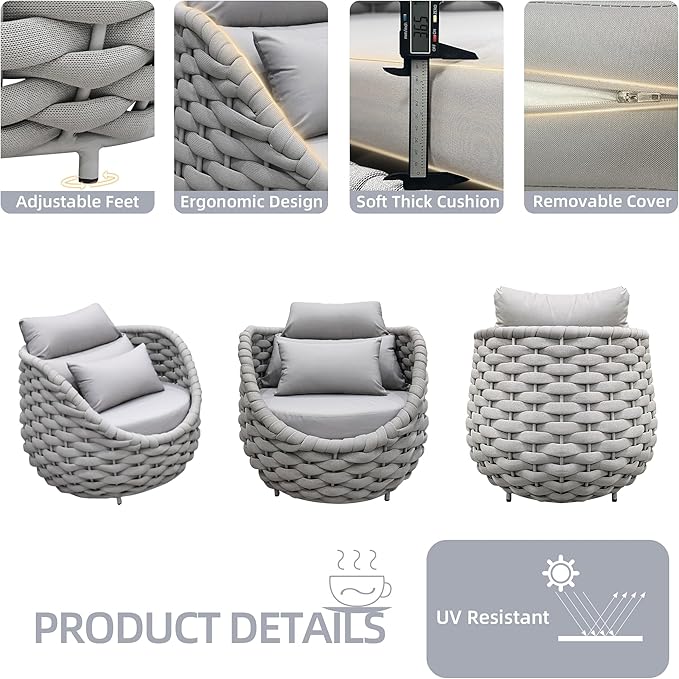 TWT Aluminum Outdoor Patio Furniture Set, 4 Textilene Armchairs Modern Outdoor Conversation Set Outdoor Single Sofa with Upgrade Cushion and Coffee Table for Balcony, Light Grey