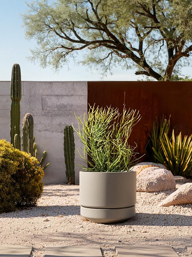 LE TAUCI Large 14 Inch Plant Pot with Saucer | Ceramic Outdoor & Indoor Big Planter Pot | Drainage Hole, Mesh Pad & Plug | Unglazed Porous | Modern Minimalist for Home and Patio – Neutral Gray