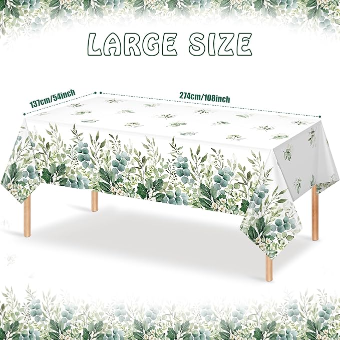6 Pack Spring Sage Green Baby Shower Plastic Tablecloth, Eucalyptus Leaf Disposable Table Cover, Summer Rectangle Table Cloth for Bridal Baby Shower Birthday Wedding Party Decorations, 54x108 Inch
