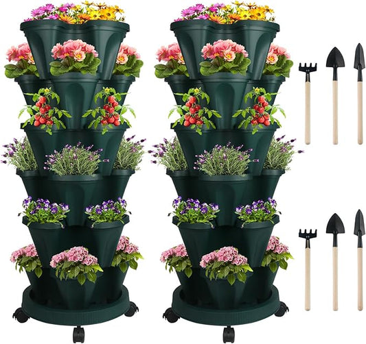 Vertical Planter 6 Tier Stackable Planters Garden Planters Strawberry Herb Flower and Vegetable Planter Indoor Outdoor Gardening Pots with Removable Wheels and Tools 2-Pack