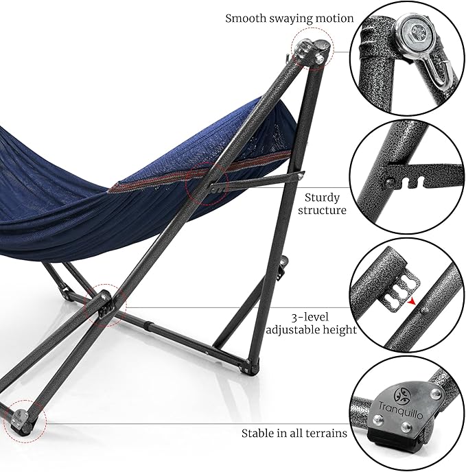 Tranquillo Universal Double Hammock with Stand Included for 2 Persons/Foldable Hammock Stand 600 lbs Capacity Portable Case - Inhouse, Outdoor, Camping, Aegean