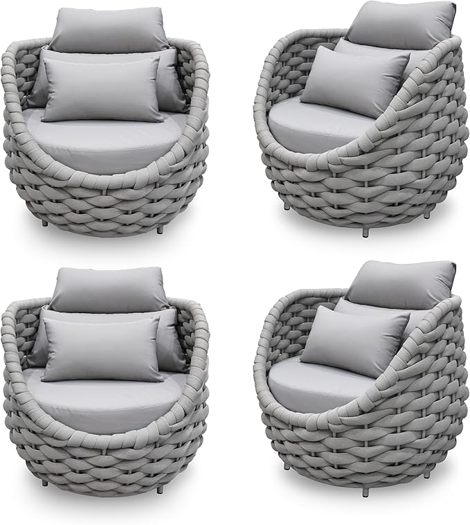 4 PCS Patio Deck Accent Chair: Large Woven Rope Chair Cushioned - Aluminum Modern Single Lounge Armchair Assembled - All Weather Outdoor Seating for 400lbs Lanai Balcony Porch Garden Hotel, Gray