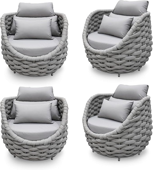 4 PCS Patio Deck Accent Chair: Large Woven Rope Chair Cushioned - Aluminum Modern Single Lounge Armchair Assembled - All Weather Outdoor Seating for 400lbs Lanai Balcony Porch Garden Hotel, Gray