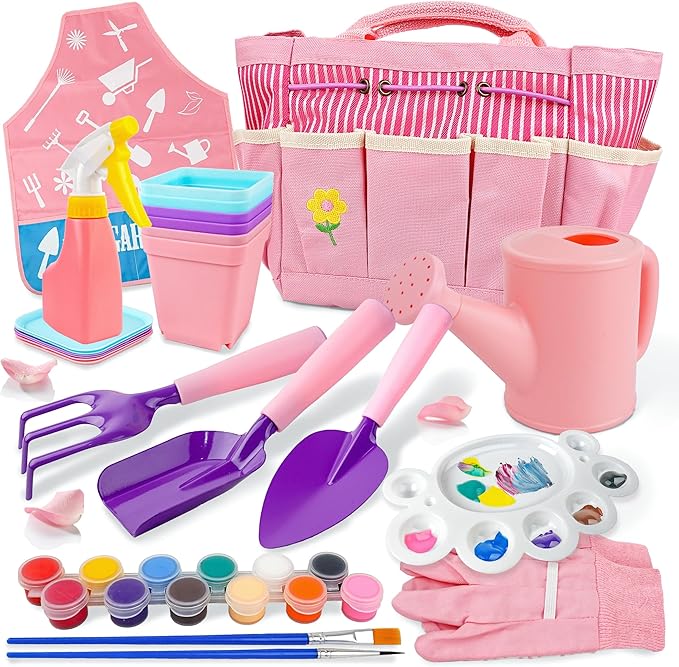SMILESSKIDDO Kids Gardening Set - Toddler Gardening Set with Shovel Rake Trowel, Apron Tote Bag Watering Can for Kids Gardening Tools - Ideal Kids Gardening Tools Gift for Boys and Girls(Pink)