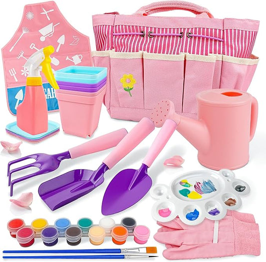 SMILESSKIDDO Kids Gardening Set - Toddler Gardening Set with Shovel Rake Trowel, Apron Tote Bag Watering Can for Kids Gardening Tools - Ideal Kids Gardening Tools Gift for Boys and Girls(Pink)