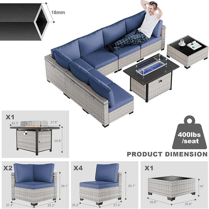 8-Piece Modern Patio Furniture Set with 55,000 BTU Fire Pit Table, Thick Cushions, Dual-Strand Wicker Rattan, Rust-Resistant Frame, Navy Blue